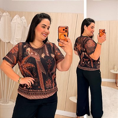 Blusa Tule Estampada Plus Size