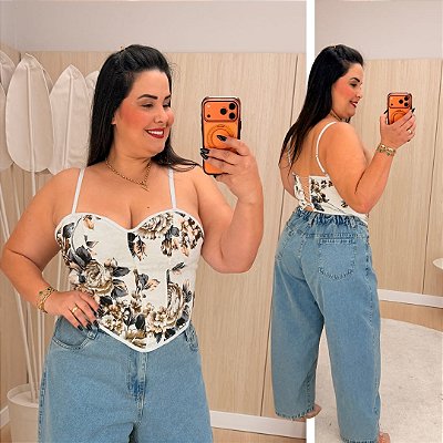 Cropped Corselet Rubi Preto e Marrom Plus Size