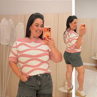 Blusa Zig Listra Rosa Plus Size