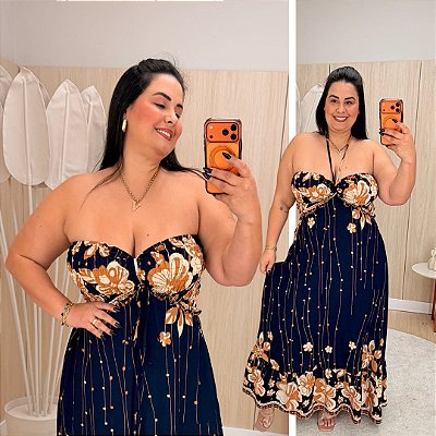 Vestido Adriana Multi Formas Azul Escuro Estampado Plus Size
