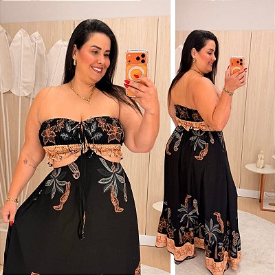 Vestido Adriana Multi Formas Preto Estampado Plus Size