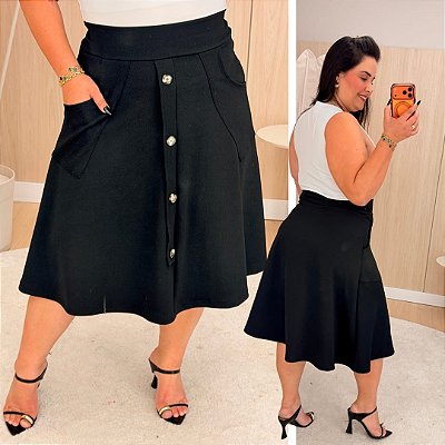 Saia Midi Botões Karin Preta Plus Size
