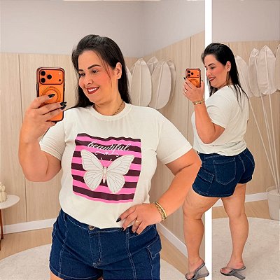 T shirt Cloe Borboleta Branca Listra Plus Size