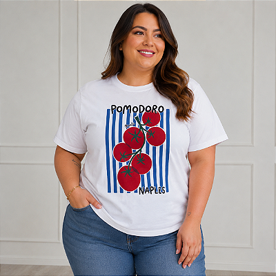 T shirt Pomodoro Branca Listra Plus Size