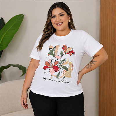 T shirt Big Dreams Branca Floral Plus Size