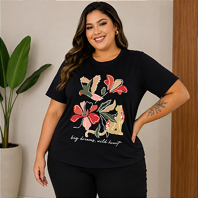 T shirt Big Dreams Preta Floral Plus Size