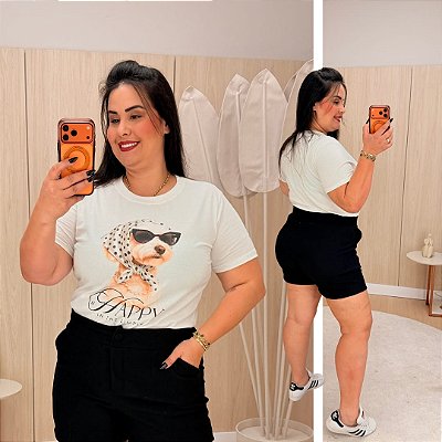 T shirt Happy Dog Branca Plus Size