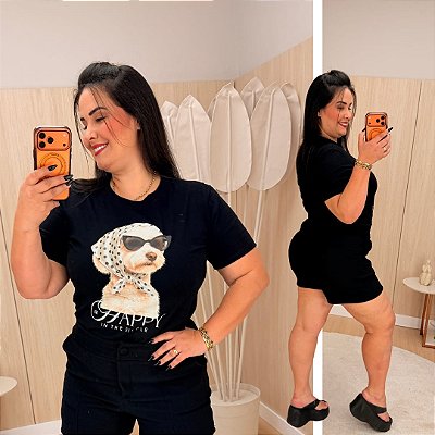 T shirt Happy Dog Preta Plus Size