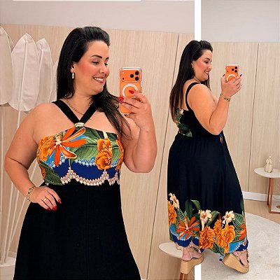 Vestido Cruzado Preto Estampado Plus Size