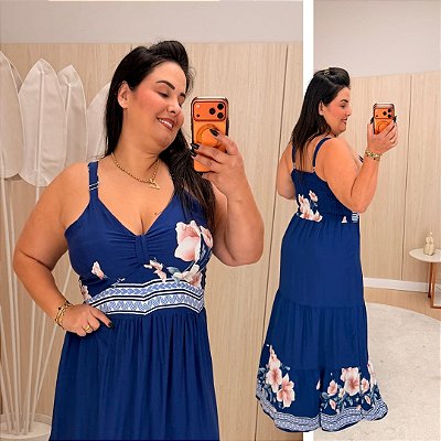 Vestido Longo Flávia Azul Floral Plus Size