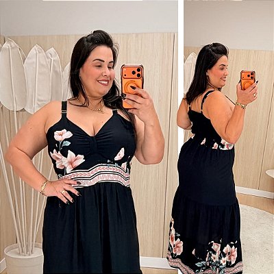 Vestido Longo Flávia Preto Floral Plus Size