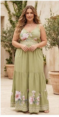 Vestido Longo Flávia Verde Floral Plus Size