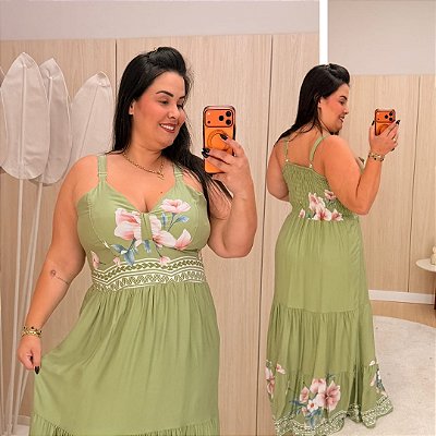 Vestido Longo Flávia Verde Floral Plus Size