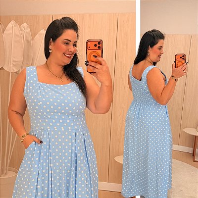 Vestido Longo Joana Azul Poá  Plus Size