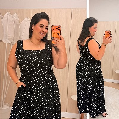 Vestido Longo Joana Preto Poá Plus Size