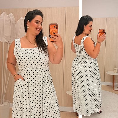 Vestido Longo Joana Branco Poá Plus Size