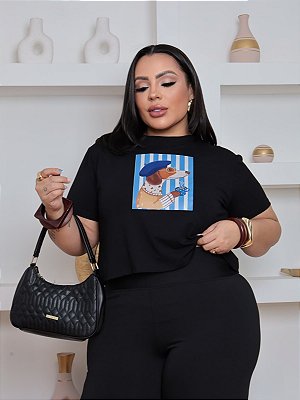 Cropped 3D Dog Listra Azul Plus Size