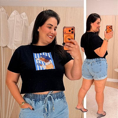 Cropped 3D Dog Listra Azul Plus Size