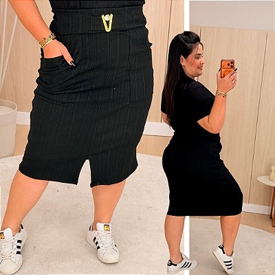 Saia Midi Pedra Fivela Preta Plus Size