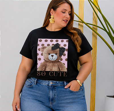 T shirt Ursa Cute Preta Plus Size