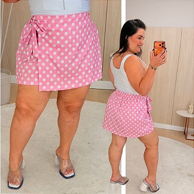 Short Saia Babi Rosa Poá Plus Size