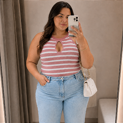 Regata Gota Modal Rosa Listra Plus Size