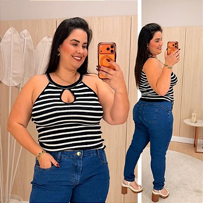 Regata Gota Modal Preta Listra Plus Size