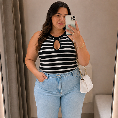 Regata Gota Modal Preta Listra Plus Size