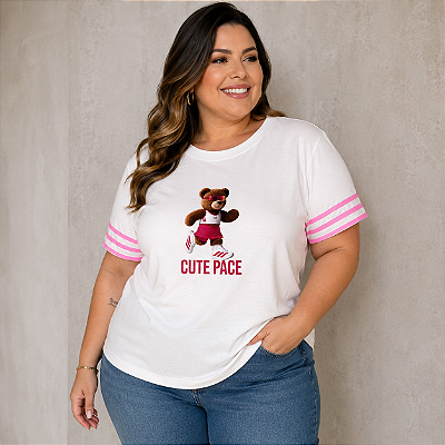 T shirt Urso Cute Listra Rosa Plus Size