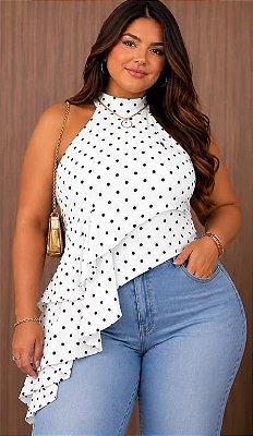 Blusa Assimétrica Branca Poá Plus Size