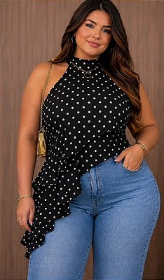 Blusa Assimétrica Preta Poá Plus Size