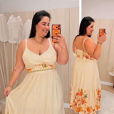 Vestido Letícia Bege Estampado Plus Size