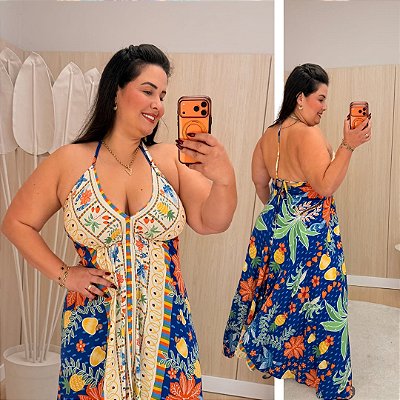 Vestido Lenço Adrieli Azul e Laranja Plus Size