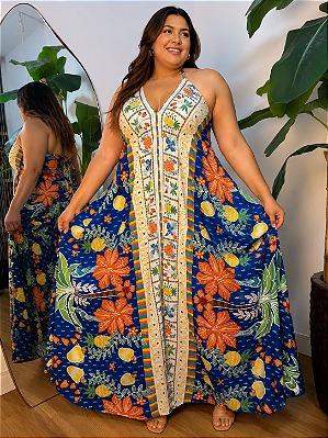 Vestido Lenço Adrieli Azul e Laranja Plus Size