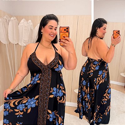 Vestido Lenço Adrieli Preto Estampado Plus Size