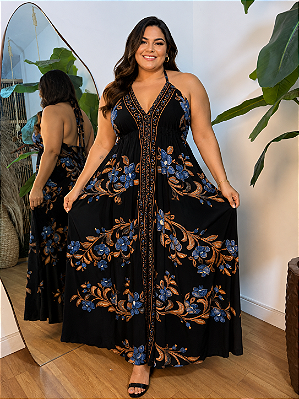 Vestido Lenço Adrieli Preto Estampado Plus Size