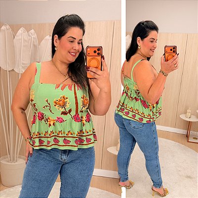 Blusa Alcinha Trop Verde Estampada Plus Size