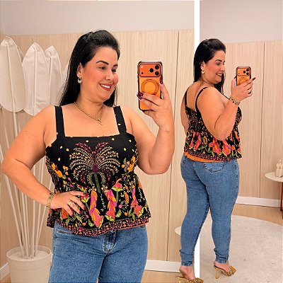 Blusa Alcinha Trop Preta Estampada Plus Size