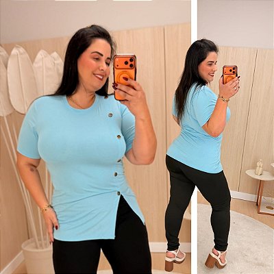 Blusa Vest Legging Botões Azul Claro Plus Size