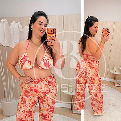 Biquíni com Calça Bege Estampado Plus Size