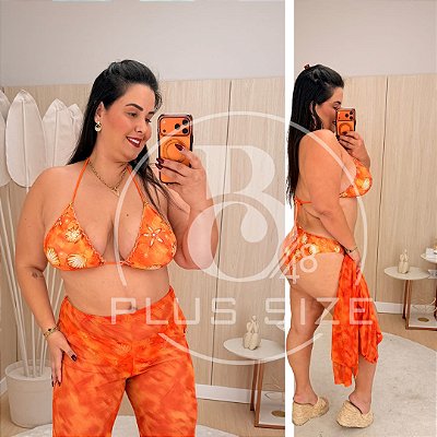 Biquíni com Calça Laranja Estampado Plus Size