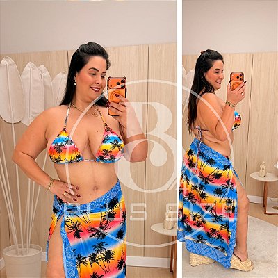 Biquíni com Saída Estampa Azul e Amarelo Plus Size
