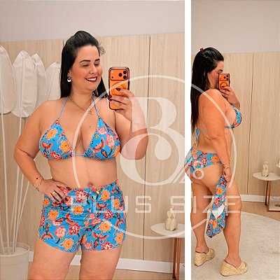 Biquíni com Short Azul Flor Laranja Plus Size