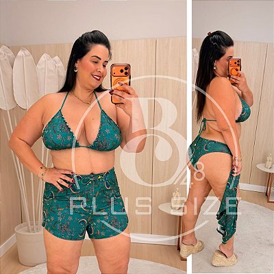 Biquíni com Short Verde e Laranja Estampado Plus Size