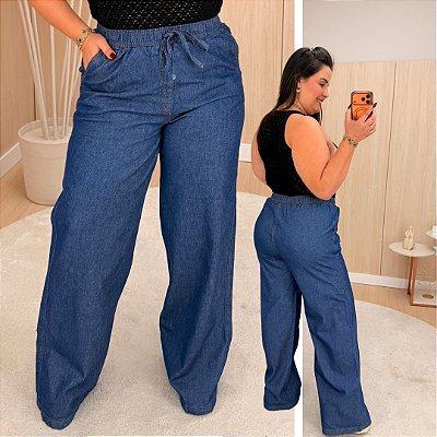 Calça Jeans Elástico Wide Leg Gabriela Escura Plus Size