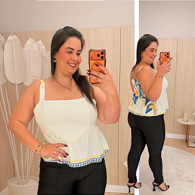 Blusa Alcinha Trop Off Estampa Azul e Amarela Plus Size