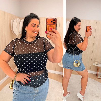 Blusa Tule Poá Lia Preta Plus Size