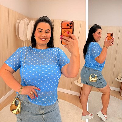 Blusa Tule Poá Lia Azul Plus Size