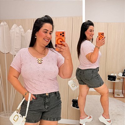 Blusa Manga Laise Rosa Plus Size