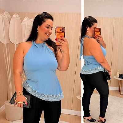 Blusa Assimétrica Renda Azul Plus Size
